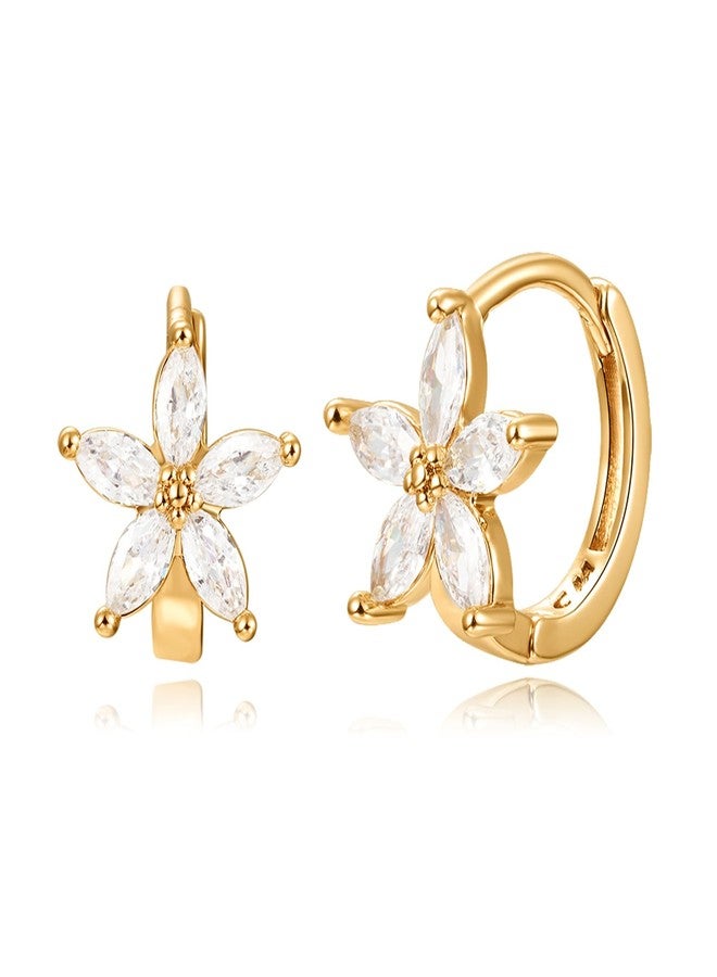 WSKFLY Gold Plated Flower Huggie Earrings with Zircon Crystals, Dainty Floral Hoop Earrings for Women, Elegant Jewelry Gift - Image 1